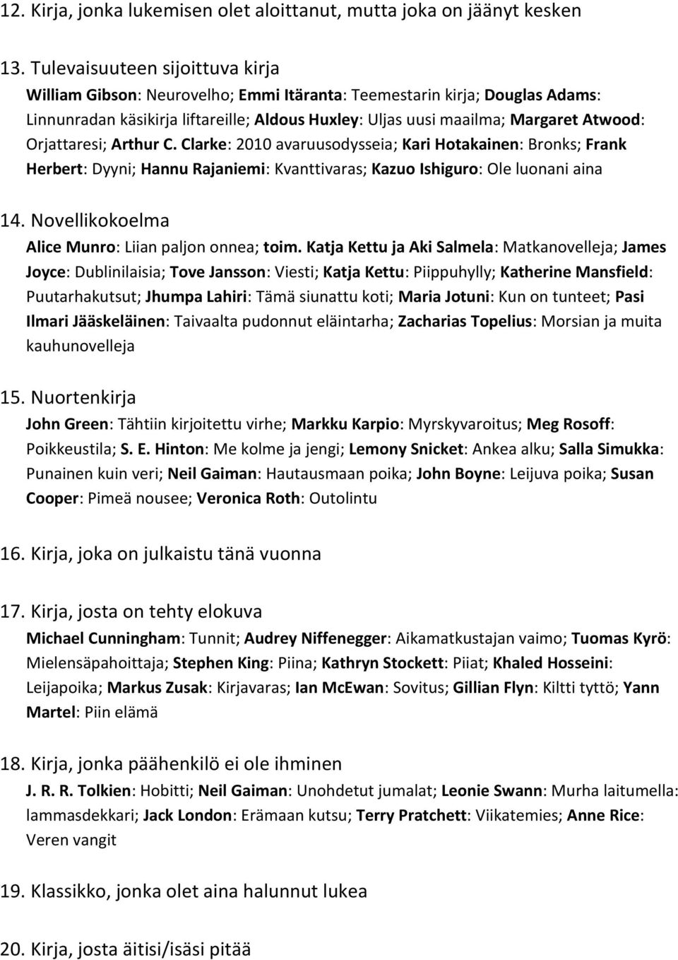 Orjattaresi; Arthur C. Clarke: 2010 avaruusodysseia; Kari Hotakainen: Bronks; Frank Herbert: Dyyni; Hannu Rajaniemi: Kvanttivaras; Kazuo Ishiguro: Ole luonani aina 14.