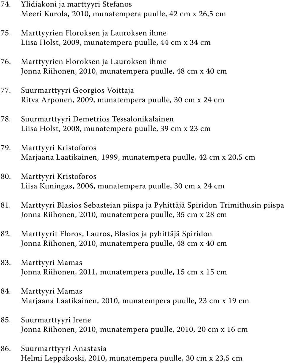 Suurmarttyyri Demetrios Tessalonikalainen Liisa Holst, 2008, munatempera puulle, 39 cm x 23 cm 79. Marttyyri Kristoforos Marjaana Laatikainen, 1999, munatempera puulle, 42 cm x 20,5 cm 80.