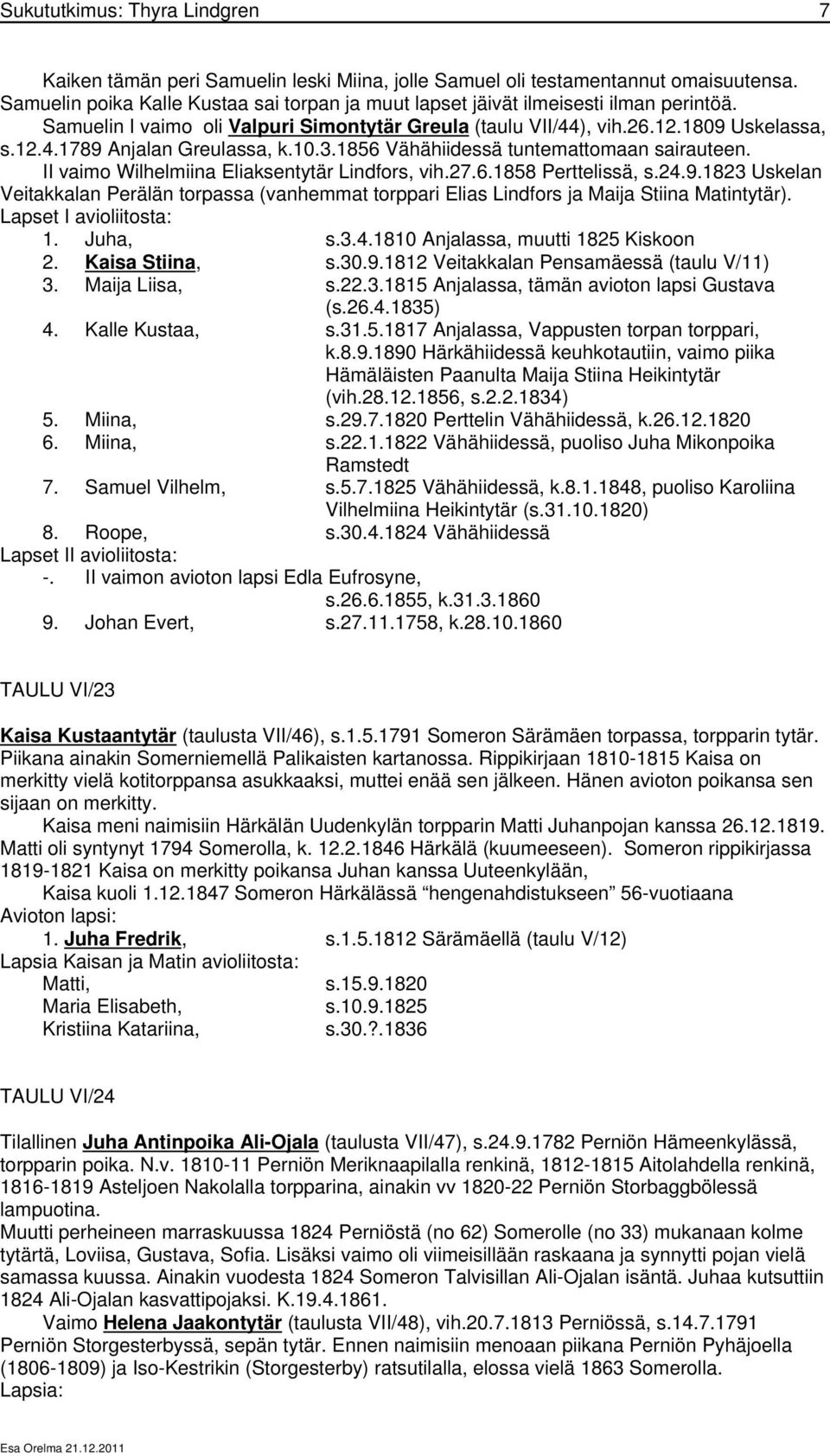 10.3.1856 Vähähiidessä tuntemattomaan sairauteen. II vaimo Wilhelmiina Eliaksentytär Lindfors, vih.27.6.1858 Perttelissä, s.24.9.