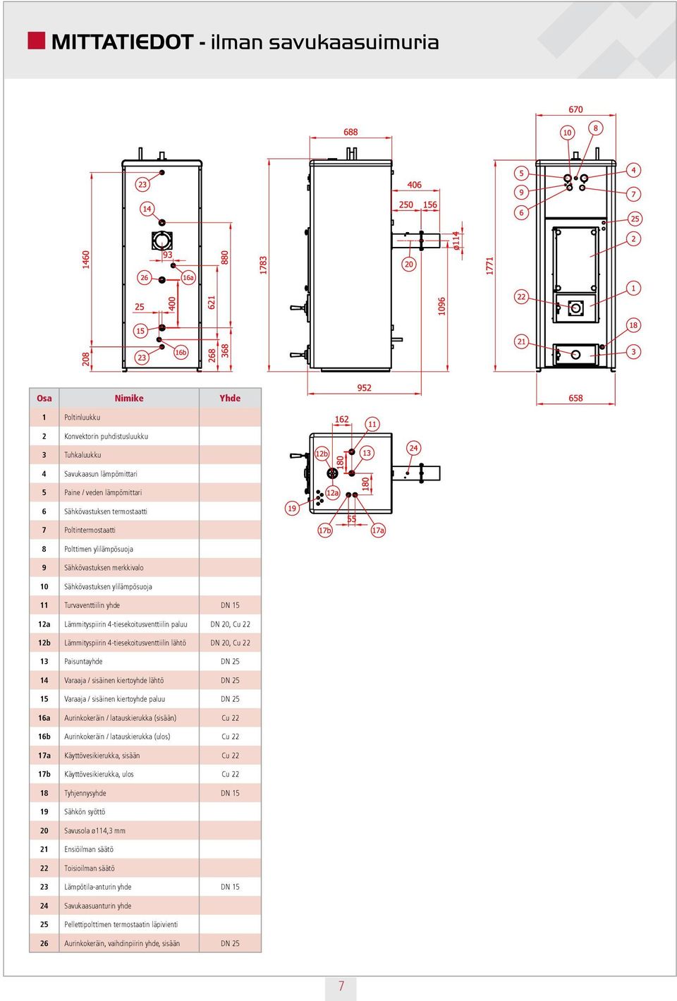 12b Lämmityspiirin 4-tiesekoitusventtiilin lähtö DN 20, Cu 22 13 Paisuntayhde DN 25 14 Varaaja / sisäinen kiertoyhde lähtö DN 25 15 Varaaja / sisäinen kiertoyhde paluu DN 25 16a Aurinkokeräin /