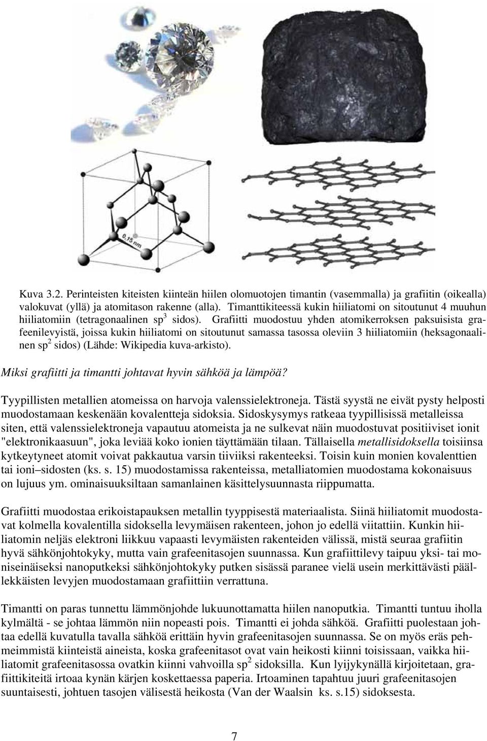 Grafiitti muodostuu yhden atomikerroksen paksuisista grafeenilevyistä, joissa kukin hiiliatomi on sitoutunut samassa tasossa oleviin 3 hiiliatomiin (heksagonaalinen sp 2 sidos) (Lähde: Wikipedia