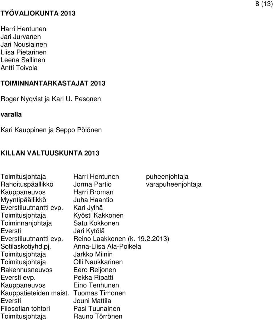 Myyntipäällikkö Juha Haantio Everstiluutnantti evp. Kari Jylhä Toimitusjohtaja Kyösti Kakkonen Toiminnanjohtaja Satu Kokkonen Eversti Jari Kytölä Everstiluutnantti evp. Reino Laakkonen (k. 19.2.