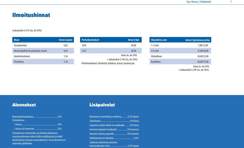 alv 24% + laskutuslisä 5,14 (sis. alv 24%) Perheilmoitukset: Onnittelut, kiitokset, kutsut, kastetut jne. MyyJaOsta.