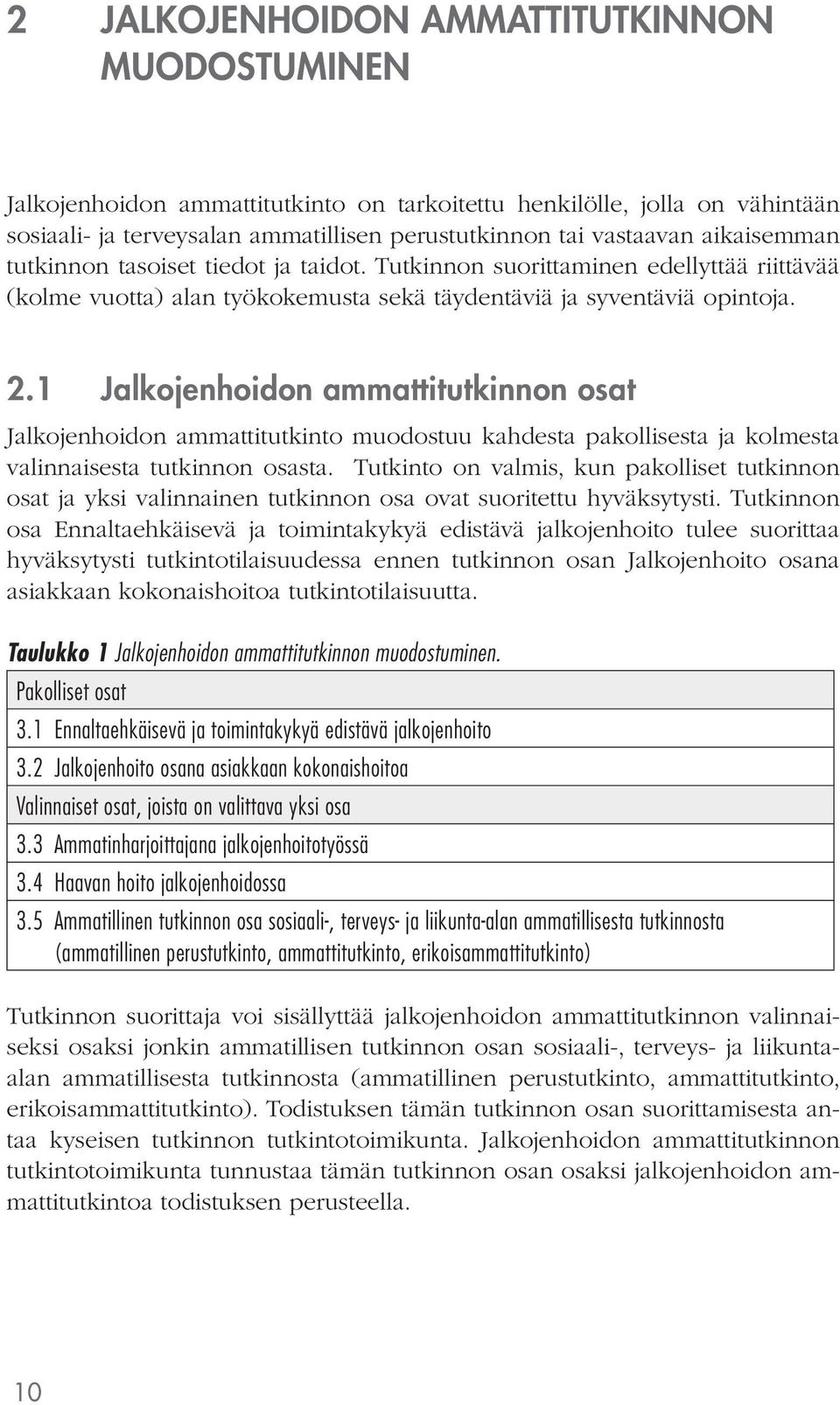 1 Jalkojenhoidon ammattitutkinnon osat Jalkojenhoidon ammattitutkinto muodostuu kahdesta pakollisesta ja kolmesta valinnaisesta tutkinnon osasta.