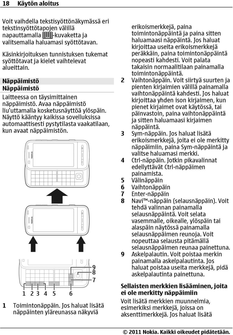 Avaa näppäimistö liu'uttamalla kosketusnäyttöä ylöspäin. Näyttö kääntyy kaikissa sovelluksissa automaattisesti pystytilasta vaakatilaan, kun avaat näppäimistön. 1 Toimintonäppäin.