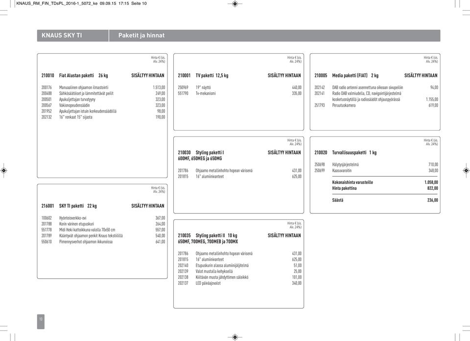 renkaat 15" sijasta 190,00 210001 TV paketti 12,5 kg SISÄLTYY HINTAAN 250969 19" näyttö 440,00 551790 Tv-mekanismi 335,00 210005 Media paketti (FIAT) 2 kg SISÄLTYY HINTAAN 202142 DAB radio antenni