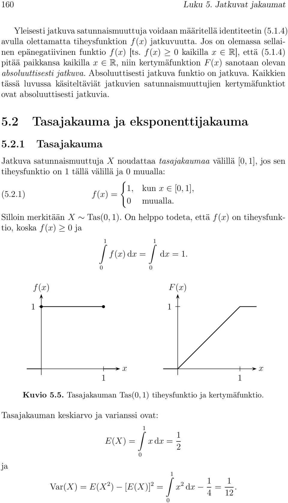 Absoluuttisesti jatkuva funktio on jatkuva. Kaikkien tässä luvussa käsiteltäviät jatkuvien satunnaismuuttujien kertymäfunktiot ovat absoluuttisesti jatkuvia. 5. Tasajakauma ja eksponenttijakauma 5.