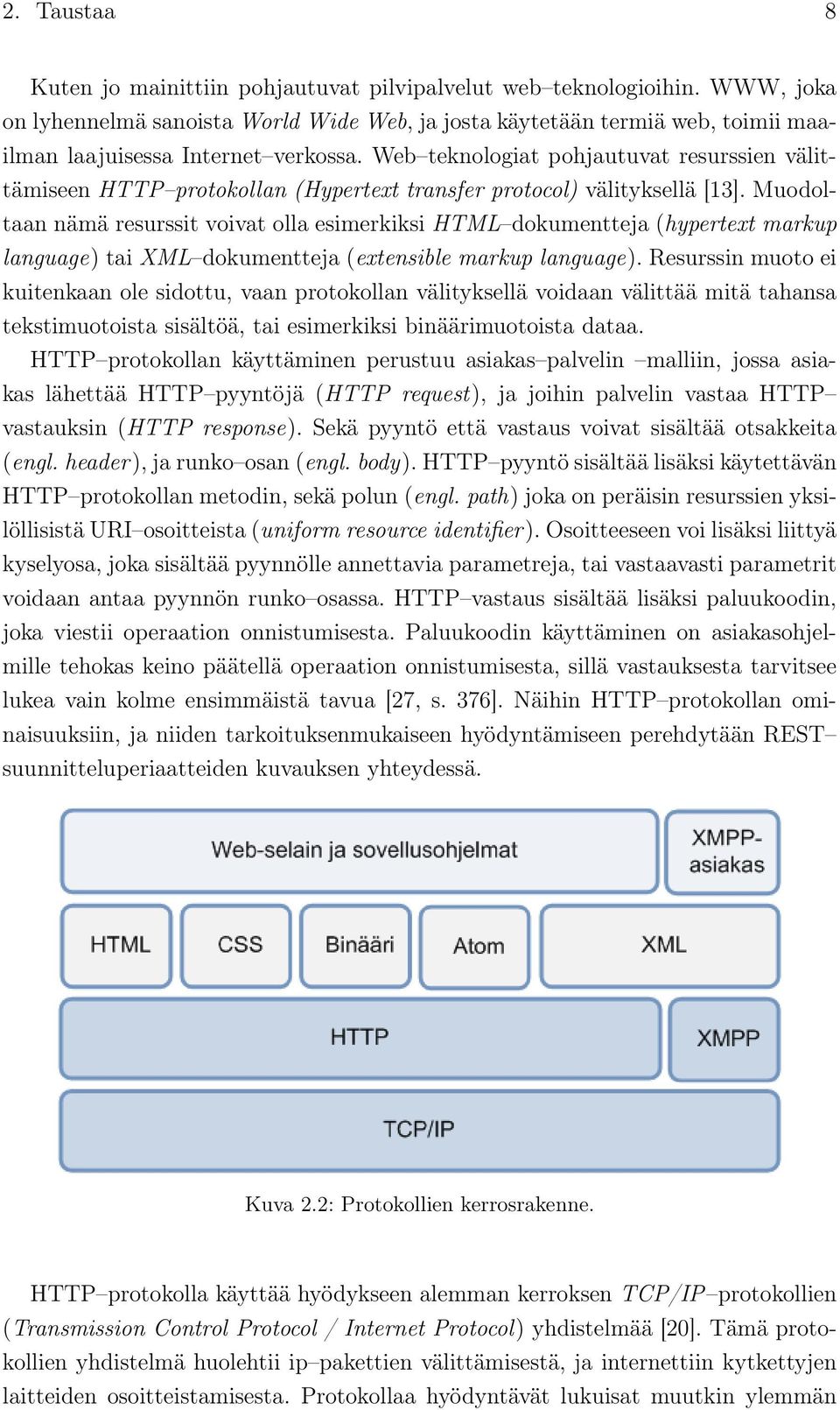 Web teknologiat pohjautuvat resurssien välittämiseen HTTP protokollan (Hypertext transfer protocol) välityksellä [13].