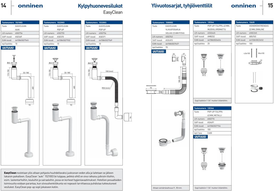 EAN-koodi 6415865027637 kpl/laatikko 70 numero 135344 POP-UP-TULPPA, 63 MM, MUOVIA, KROMATTU LVI-numero 6502665 AMB252 EAN-koodi 6415865026654 kpl/laatikko 25 numero 12620 VIEMÄRÖINTIRENGAS 22 MM,