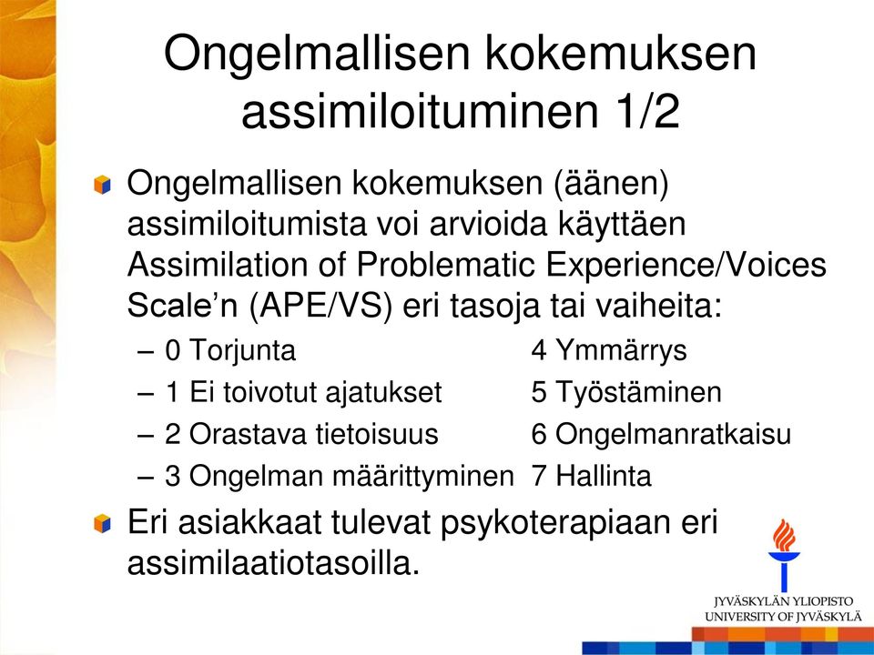 vaiheita: 0 Torjunta 4 Ymmärrys 1 Ei toivotut ajatukset 5 Työstäminen 2 Orastava tietoisuus 6