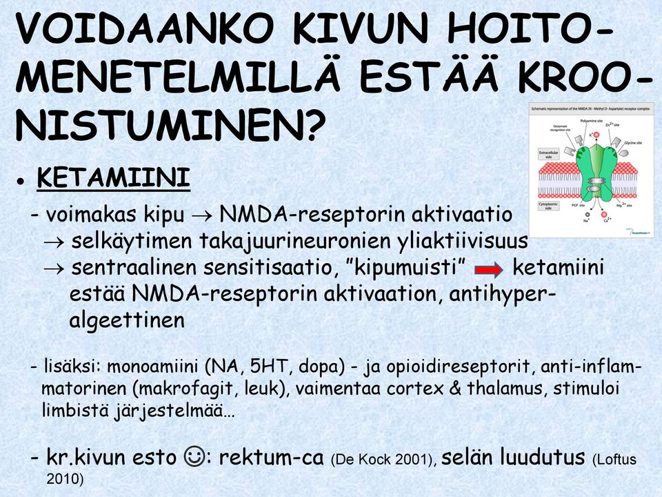 sensitisaatio, kipumuisti ketamiini estää NMDA-reseptorin aktivaation, antihyperalgeettinen - lisäksi: monoamiini (NA, 5HT,