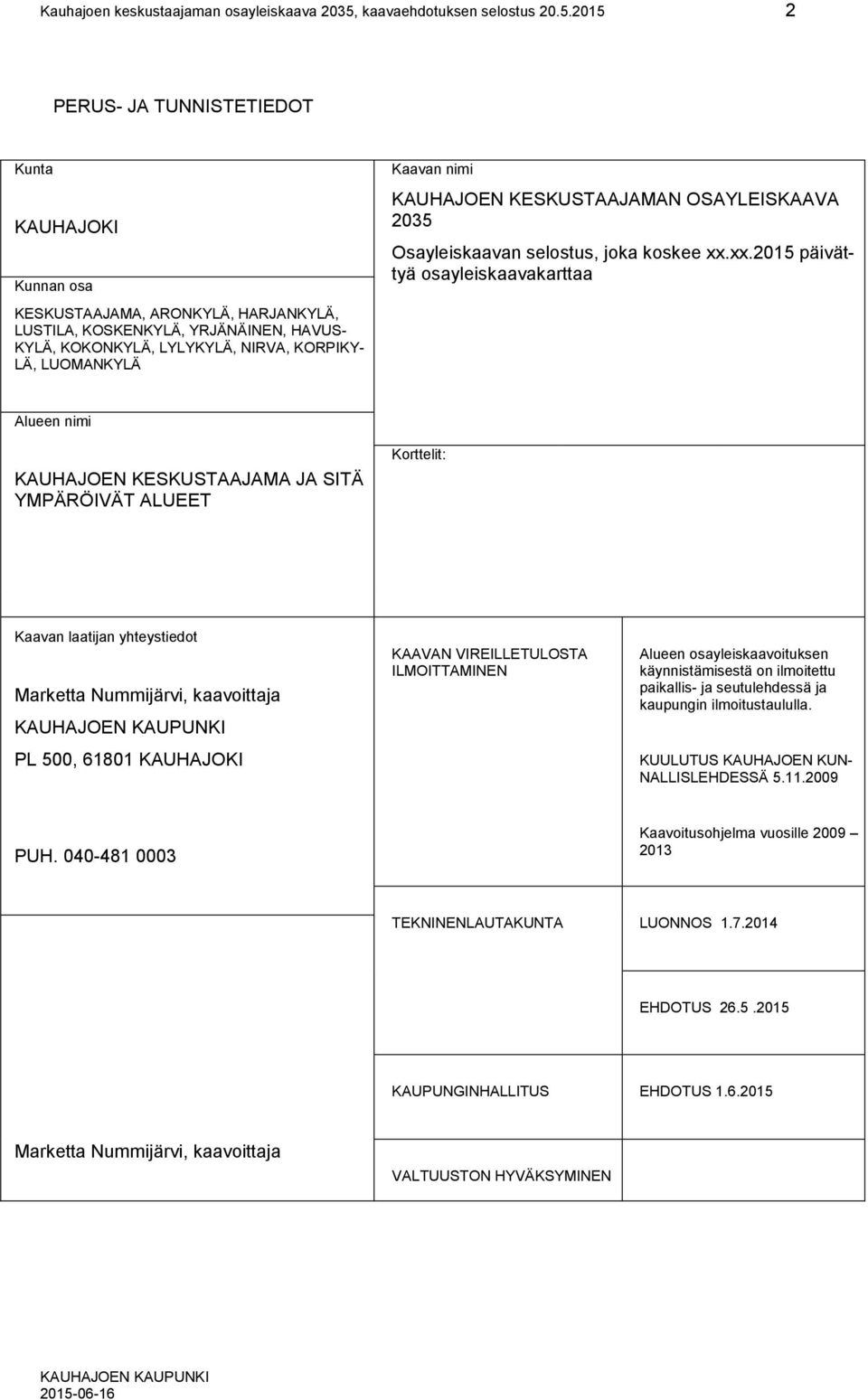 2015 2 PERUS- JA TUNNISTETIEDOT Kunta KAUHAJOKI Kunnan osa KESKUSTAAJAMA, ARONKYLÄ, HARJANKYLÄ, LUSTILA, KOSKENKYLÄ, YRJÄNÄINEN, HAVUS- KYLÄ, KOKONKYLÄ, LYLYKYLÄ, NIRVA, KORPIKY- LÄ, LUOMANKYLÄ