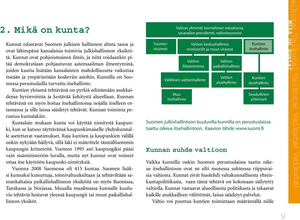 koskeviin asiohin. Kunnilla on Suomessa perustuslailla turvattu itsehallinto. Kuntien yleisenä tehtävänä on pyrkiä edistämään asukkaidensa hyvinvointia ja kestävää kehitystä alueellaan.