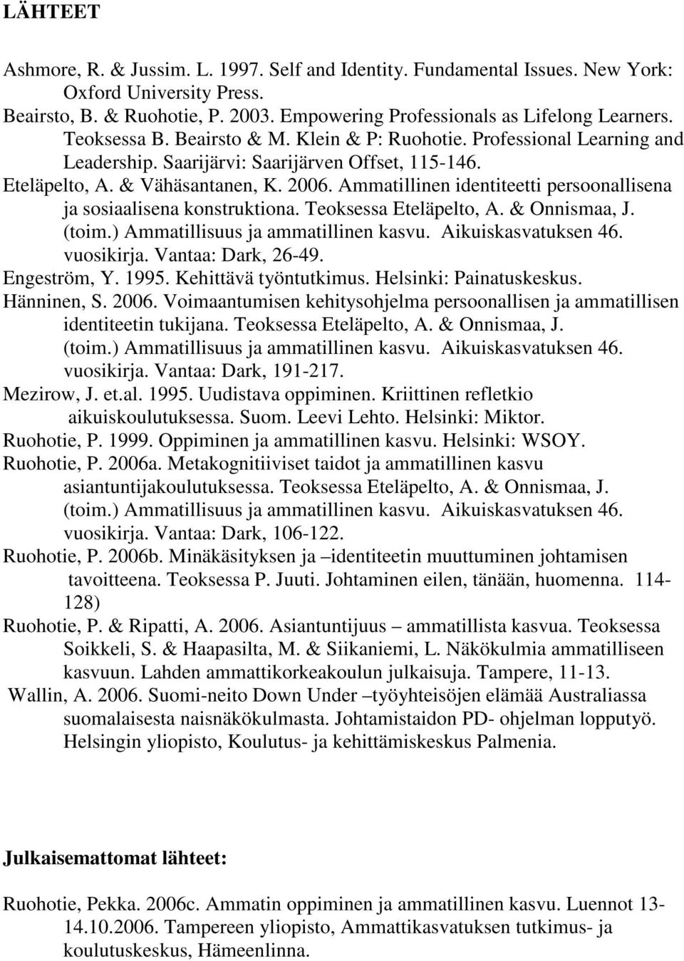 Ammatillinen identiteetti persoonallisena ja sosiaalisena konstruktiona. Teoksessa Eteläpelto, A. & Onnismaa, J. (toim.) Ammatillisuus ja ammatillinen kasvu. Aikuiskasvatuksen 46. vuosikirja.