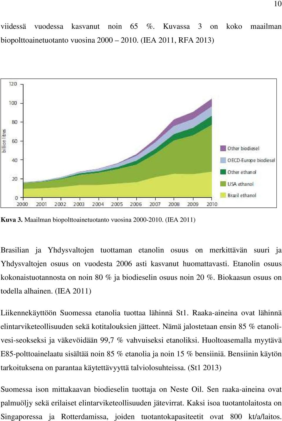 Etanolin osuus kokonaistuotannosta on noin 80 % ja biodieselin osuus noin 20 %. Biokaasun osuus on todella alhainen. (IEA 2011) Liikennekäyttöön Suomessa etanolia tuottaa lähinnä St1.