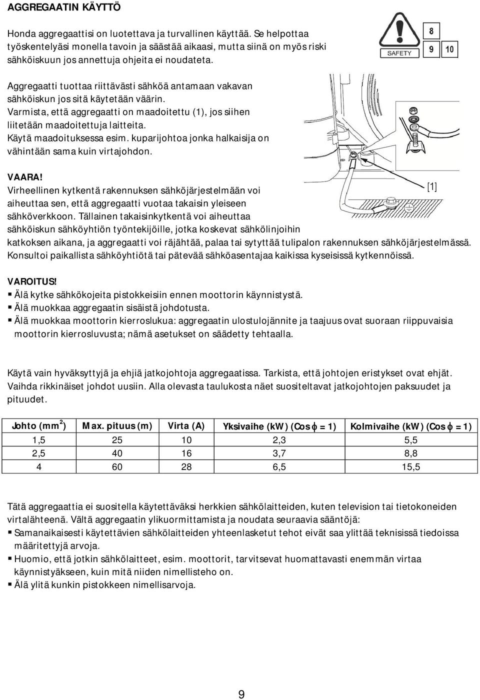 Aggregaatti tuottaa riittävästi sähköä antamaan vakavan sähköiskun jos sitä käytetään väärin. Varmista, että aggregaatti on maadoitettu (1), jos siihen liitetään maadoitettuja laitteita.