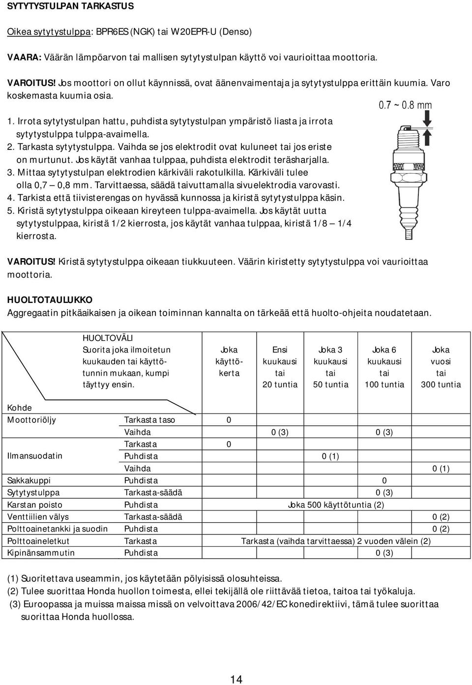 Irrota sytytystulpan hattu, puhdista sytytystulpan ympäristö liasta ja irrota sytytystulppa tulppa-avaimella. 2. Tarkasta sytytystulppa.