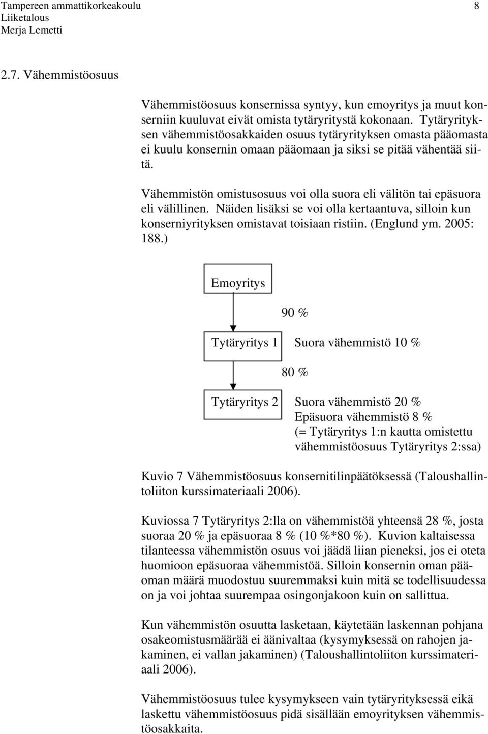 Vähemmistön omistusosuus voi olla suora eli välitön tai epäsuora eli välillinen. Näiden lisäksi se voi olla kertaantuva, silloin kun konserniyrityksen omistavat toisiaan ristiin. (Englund ym.