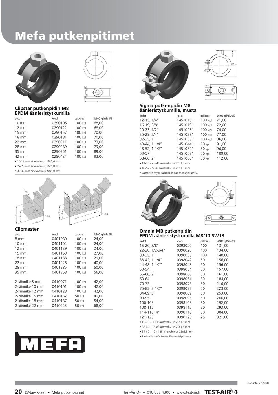 35-42 mm ainevahvuus 20x1,0 mm Sigma putkenpidin M8 äänieristyskumilla, musta tiedot koodi pakkaus /100 kpl/alv 0% 12-15, 1/4 14510151 100 kpl 71,00 16-19, 3/8 14510191 100 kpl 72,00 20-23, 1/2