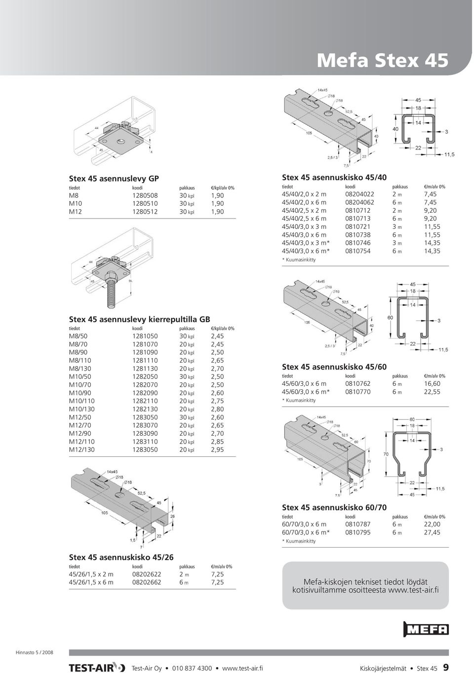 6 m 14,35 * Kuumasinkitty Stex 45 asennuslevy kierrepultilla GB M8/50 1281050 30 kpl 2,45 M8/70 1281070 20 kpl 2,45 M8/90 1281090 20 kpl 2,50 M8/110 1281110 20 kpl 2,65 M8/130 1281130 20 kpl 2,70