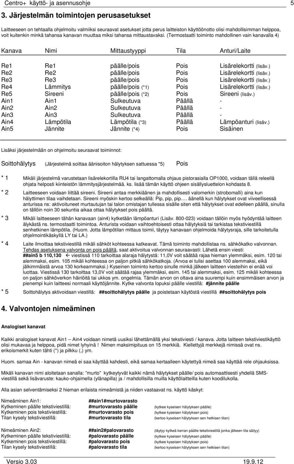 tahansa kanavan muuttaa miksi tahansa mittaustavaksi. (Termostaatti toiminto mahdollinen vain kanavalla 4) Kanava Nimi Mittaustyyppi Tila Anturi/Laite Re1 Re1 päälle/pois Pois Lisärelekortti (lisäv.