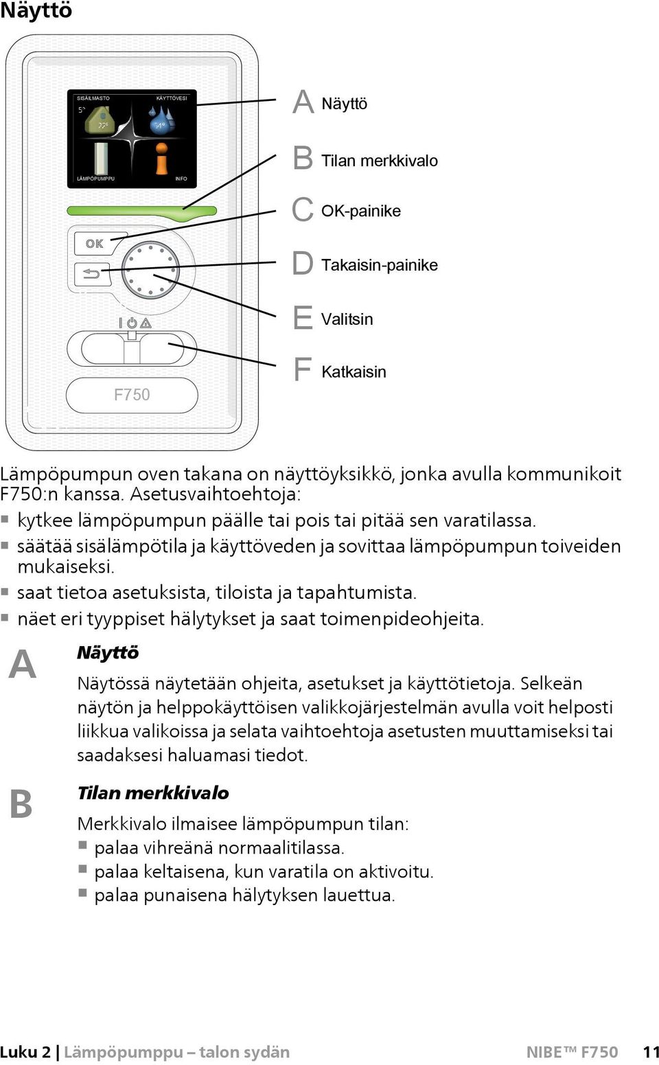 saat tietoa asetuksista, tiloista ja tapahtumista. näet eri tyyppiset hälytykset ja saat toimenpideohjeita. A Näyttö Näytössä näytetään ohjeita, asetukset ja käyttötietoja.