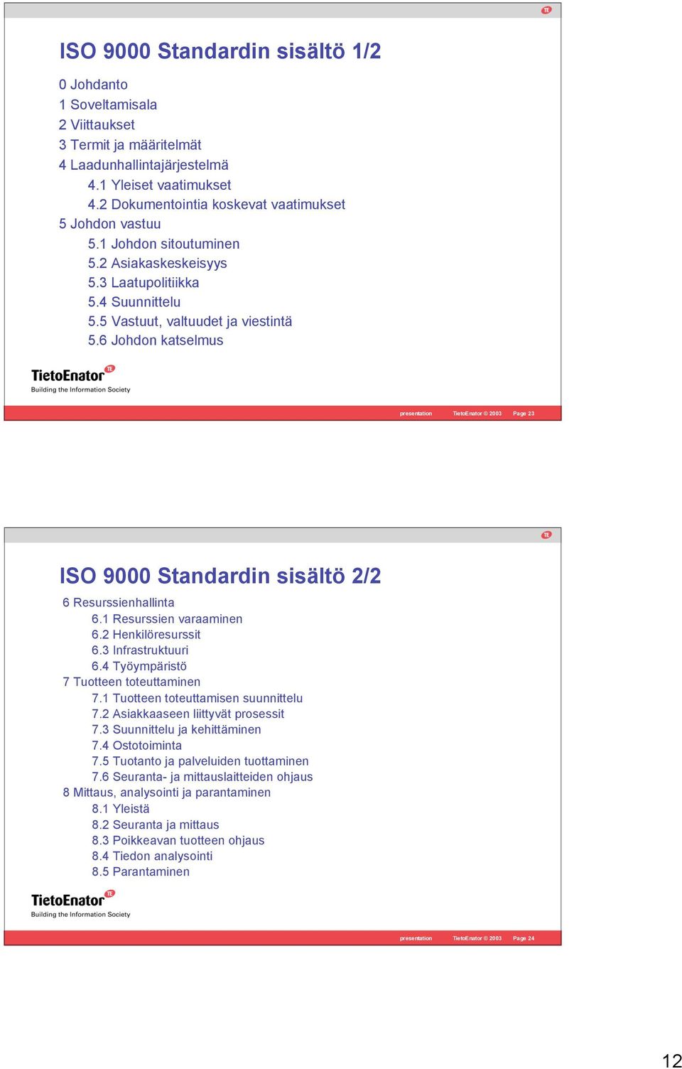 6 Johdon katselmus presentation TietoEnator 2003 Page 23 ISO 9000 Standardin sisältö 2/2 6 Resurssienhallinta 6.1 Resurssien varaaminen 6.2 Henkilöresurssit 6.3 Infrastruktuuri 6.