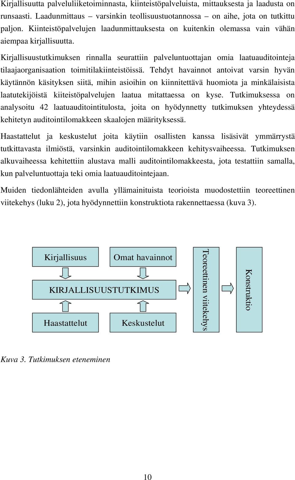 Kirjallisuustutkimuksen rinnalla seurattiin palveluntuottajan omia laatuauditointeja tilaajaorganisaation toimitilakiinteistöissä.