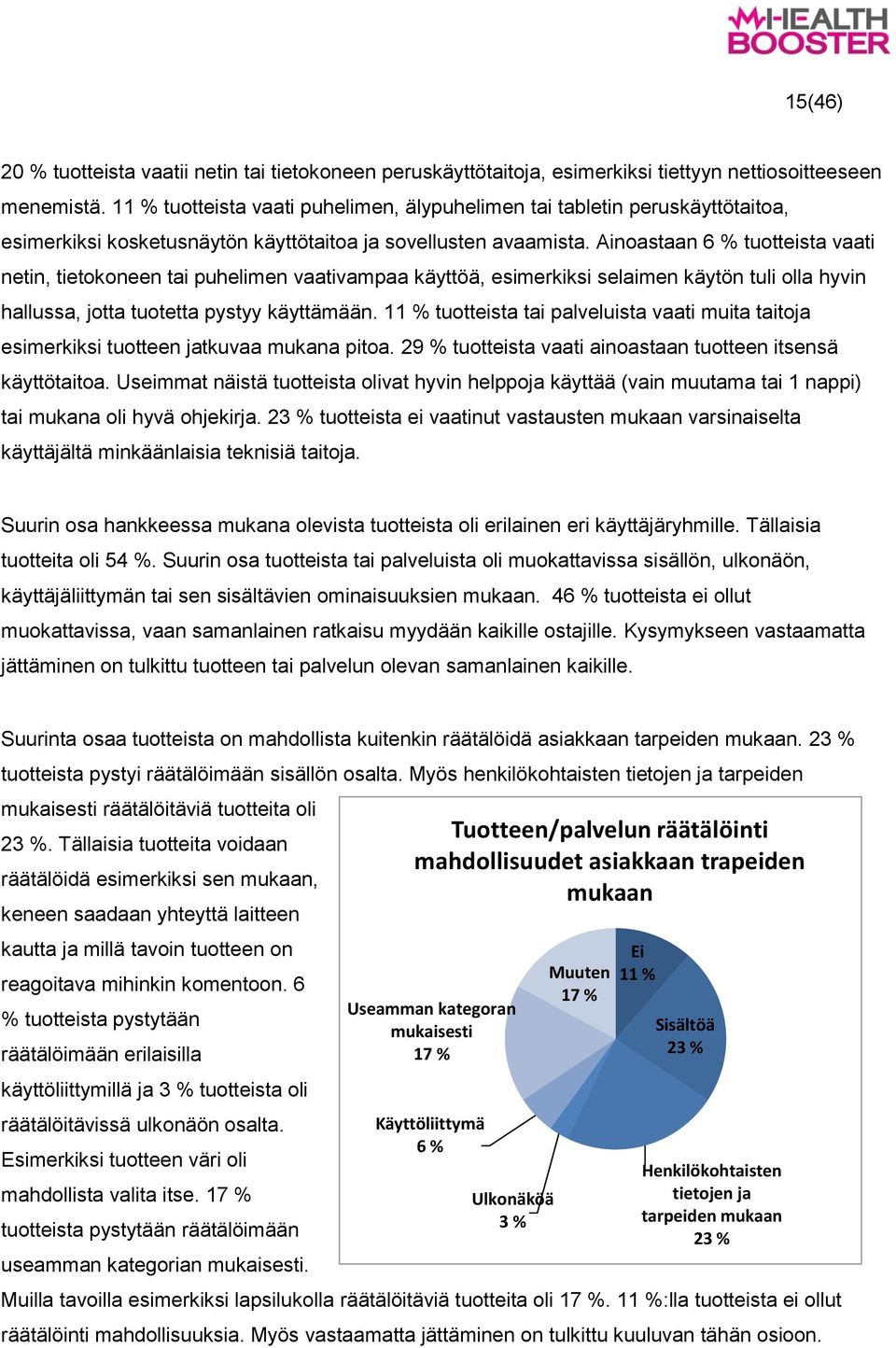 Ainoastaan 6 % tuotteista vaati netin, tietokoneen tai puhelimen vaativampaa käyttöä, esimerkiksi selaimen käytön tuli olla hyvin hallussa, jotta tuotetta pystyy käyttämään.