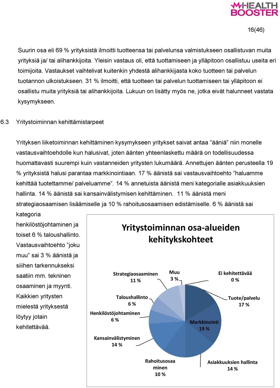 31 % ilmoitti, että tuotteen tai palvelun tuottamiseen tai ylläpitoon ei osallistu muita yrityksiä tai alihankkijoita. Lukuun on lisätty myös ne, jotka eivät halunneet vastata kysymykseen. 6.