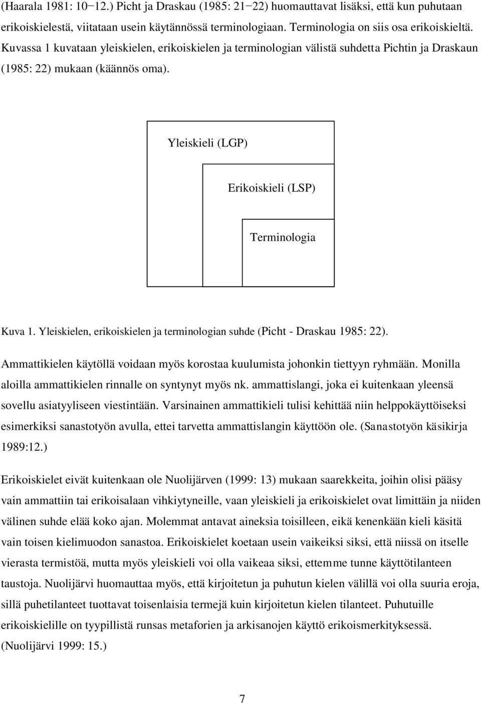 Yleiskielen, erikoiskielen ja terminologian suhde (Picht - Draskau 1985: 22). Ammattikielen käytöllä voidaan myös korostaa kuulumista johonkin tiettyyn ryhmään.