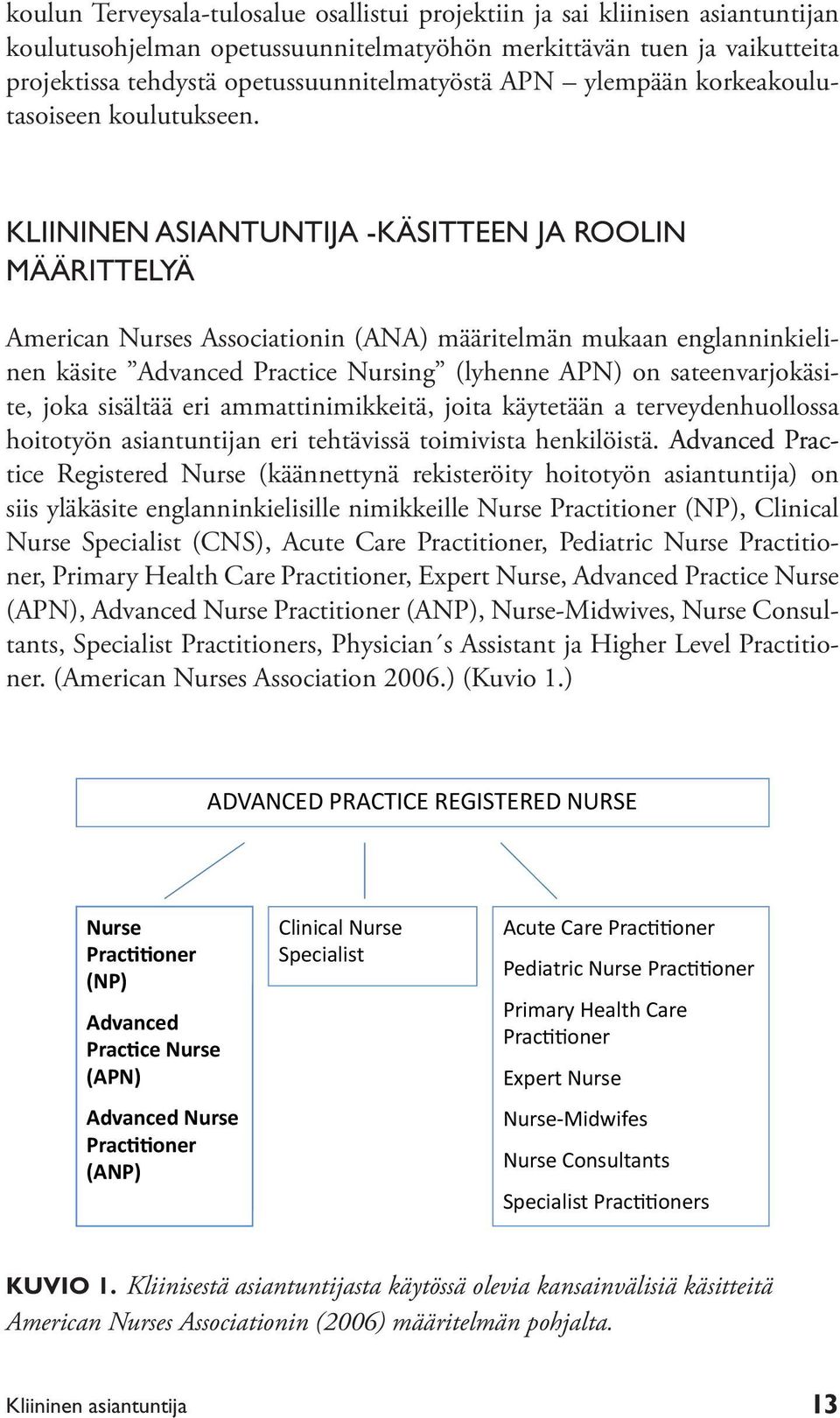 KLIININEN ASIANTUNTIJA -KÄSITTEEN JA ROOLIN MÄÄRITTELYÄ American Nurses Associationin (ANA) määritelmän mukaan englanninkielinen käsite Advanced Practice Nursing (lyhenne APN) on sateenvarjokäsite,