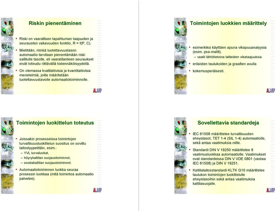 On olemassa kvalitatiivisia ja kvantitatiivisia menetelmiä, joilla määritetään luotettavuustavoite automaatiotoiminnolle. esimerkiksi käyttäen apuna vikapuuanalyysia (esim. psa-mallit).