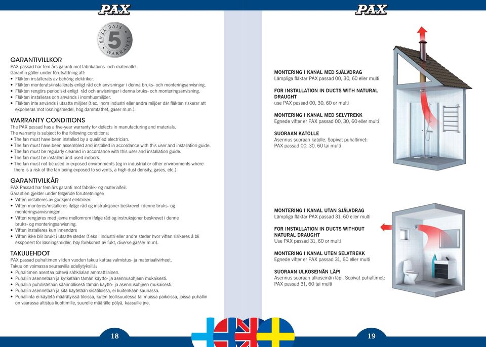 Fläkten installeras och används i inomhusmiljöer. Fläkten inte används i utsatta miljöer (t.ex.