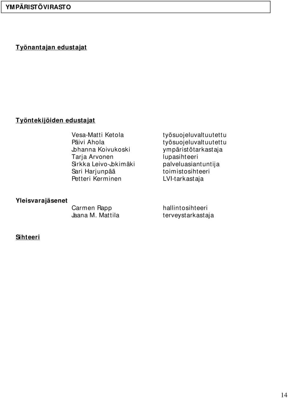 ympäristötarkastaja lupasihteeri palveluasiantuntija toimistosihteeri