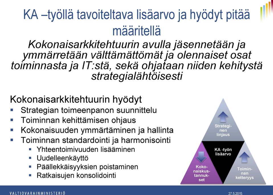 Toiminnan kehittämisen ohjaus Kokonaisuuden ymmärtäminen ja hallinta Toiminnan standardointi ja harmonisointi Yhteentoimivuuden lisääminen