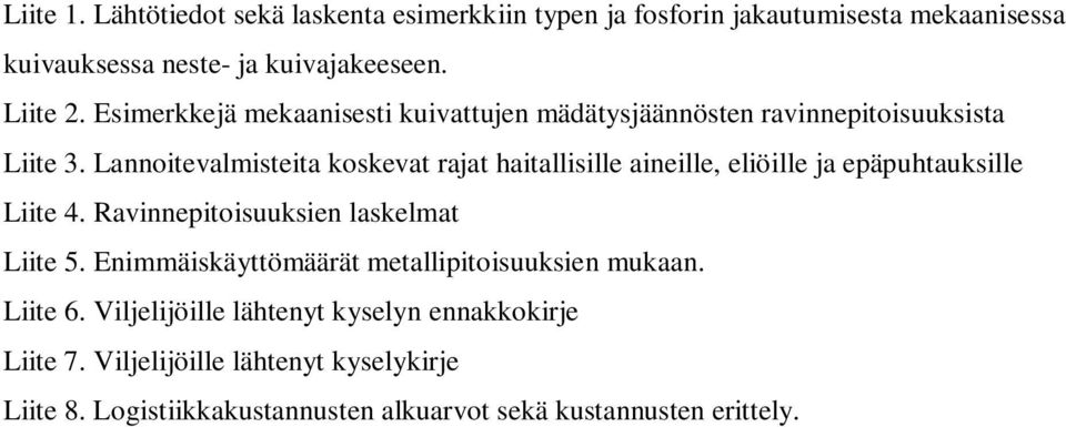 Lannoitevalmisteita koskevat rajat haitallisille aineille, eliöille ja epäpuhtauksille Liite 4. Ravinnepitoisuuksien laskelmat Liite 5.