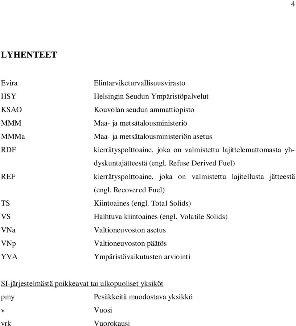 Refuse Derived Fuel) REF kierrätyspolttoaine, joka on valmistettu lajitellusta jätteestä (engl. Recovered Fuel) TS Kiintoaines (engl.