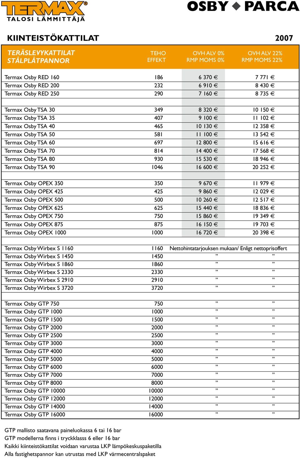 12 800 15 616 Termax Osby TSA 70 814 14 400 17 568 Termax Osby TSA 80 930 15 530 18 946 Termax Osby TSA 90 1046 16 600 20 252 Termax Osby OPEX 350 350 9 670 11 979 Termax Osby OPEX 425 425 9 860 12