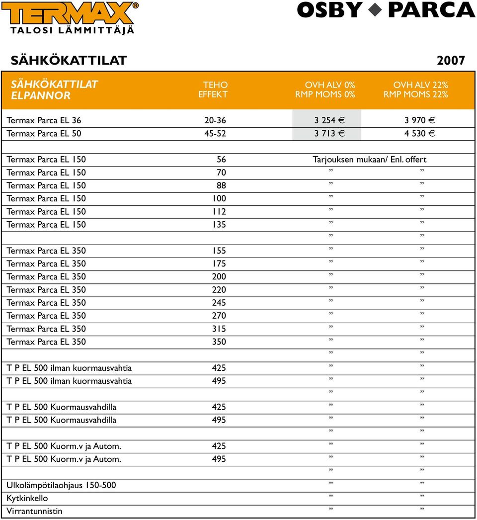 offert Termax Parca EL 150 70 Termax Parca EL 150 88 Termax Parca EL 150 100 Termax Parca EL 150 112 Termax Parca EL 150 135 Termax Parca EL 350 155 Termax Parca EL 350 175 Termax Parca EL 350 200
