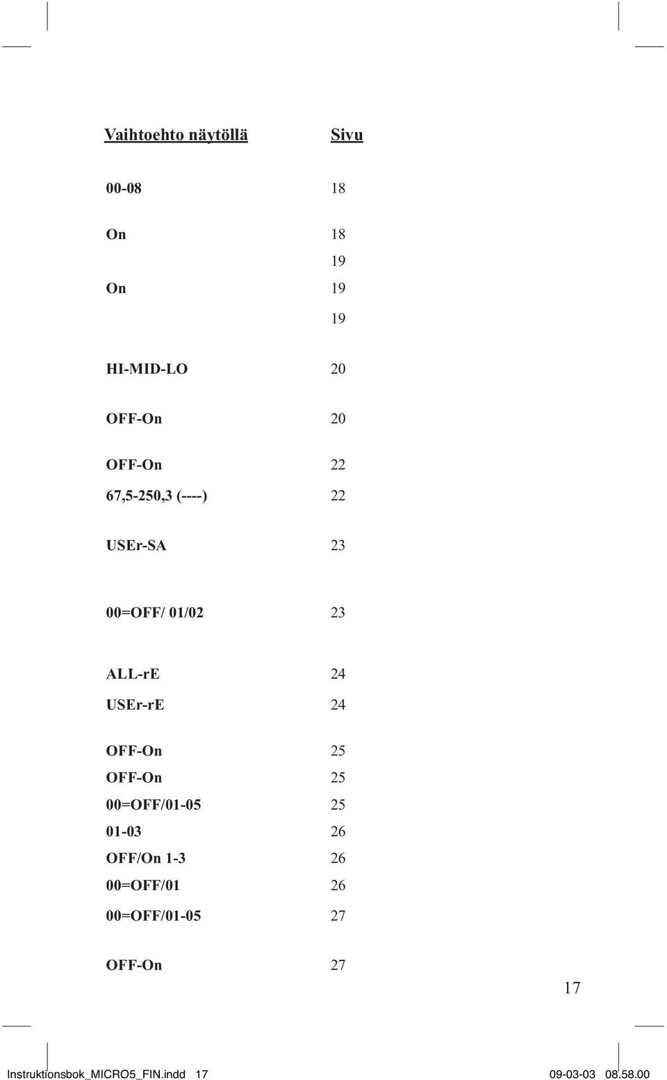 24 OFF-On 25 OFF-On 25 00=OFF/01-05 25 01-03 26 OFF/On 1-3 26 00=OFF/01 26