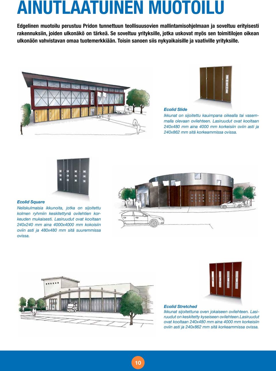 Ecolid Slide Ikkunat on sijoitettu kauimpana oikealla tai vasemmalla olevaan ovilehteen. Lasiruudut ovat kooltaan 240x480 mm aina 4000 mm korkeisiin oviin asti ja 240x862 mm sitä korkeammissa ovissa.