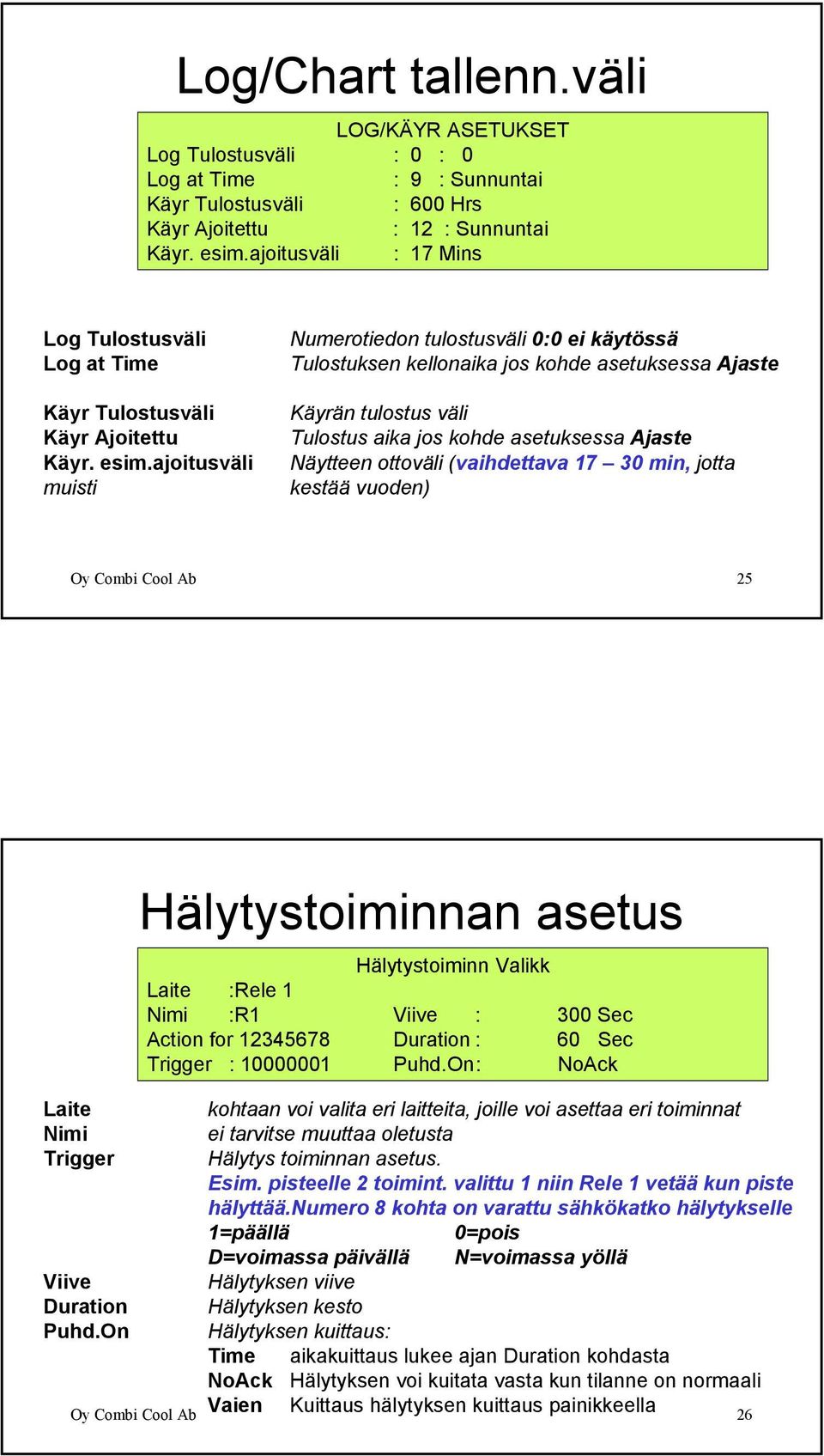 ajoitusväli muisti Numerotiedon tulostusväli 0:0 ei käytössä Tulostuksen kellonaika jos kohde asetuksessa Ajaste Käyrän tulostus väli Tulostus aika jos kohde asetuksessa Ajaste Näytteen ottoväli