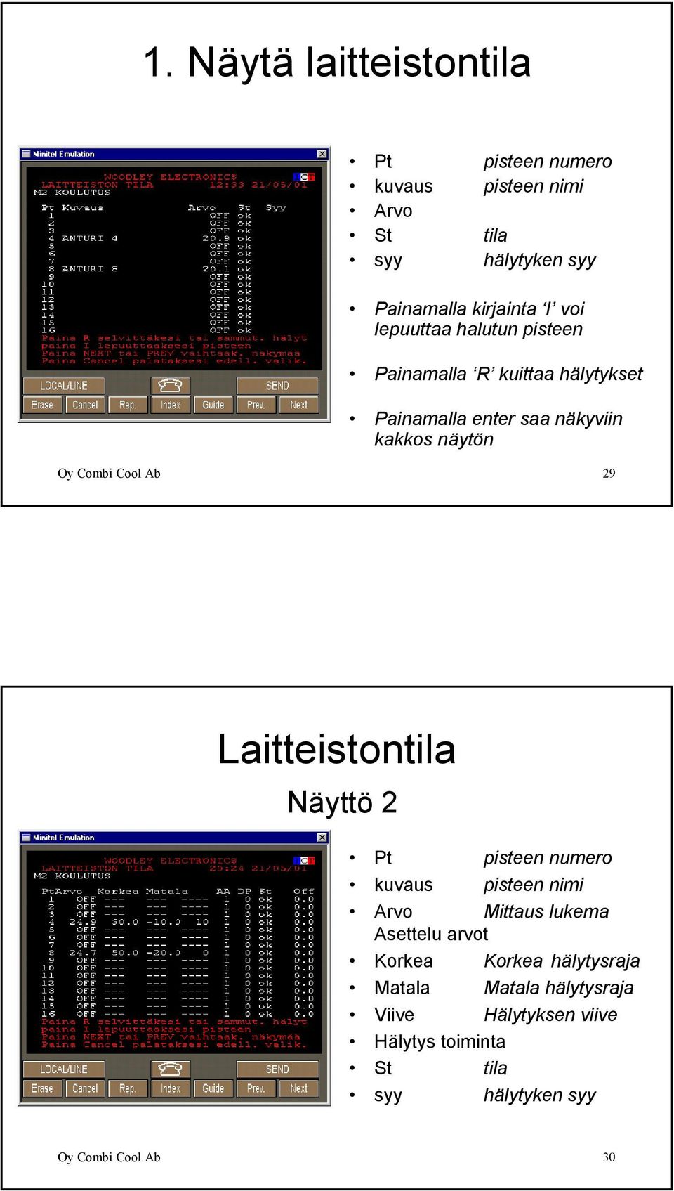 Ab 29 Laitteistontila Näyttö 2 Pt pisteen numero kuvaus pisteen nimi Arvo Mittaus lukema Asettelu arvot Korkea Korkea