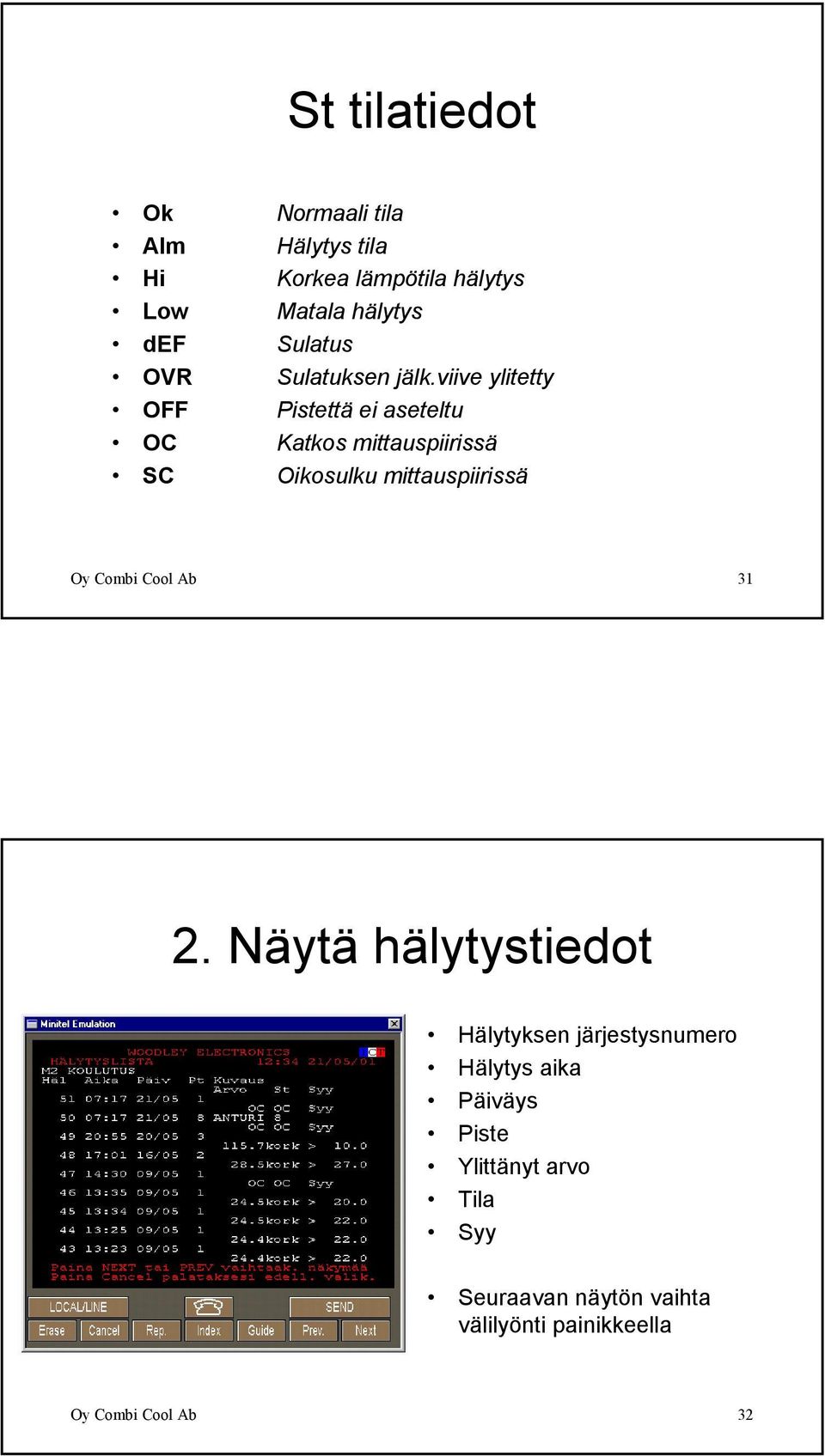 viive ylitetty OFF Pistettä ei aseteltu OC Katkos mittauspiirissä SC Oikosulku mittauspiirissä Oy