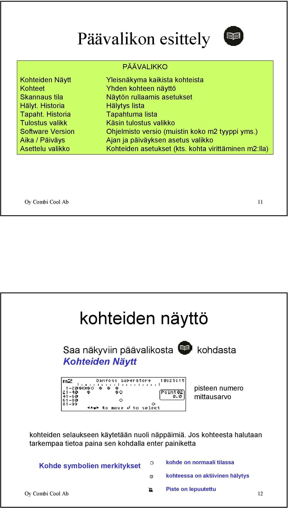 tulostus valikko Ohjelmisto versio (muistin koko m2 tyyppi yms.) Ajan ja päiväyksen asetus valikko Kohteiden asetukset (kts.