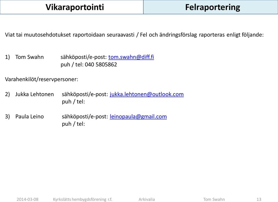 fi puh / tel: 040 5805862 Varahenkilöt/reservpersoner: 2) Jukka Lehtonen sähköposti/e-post: