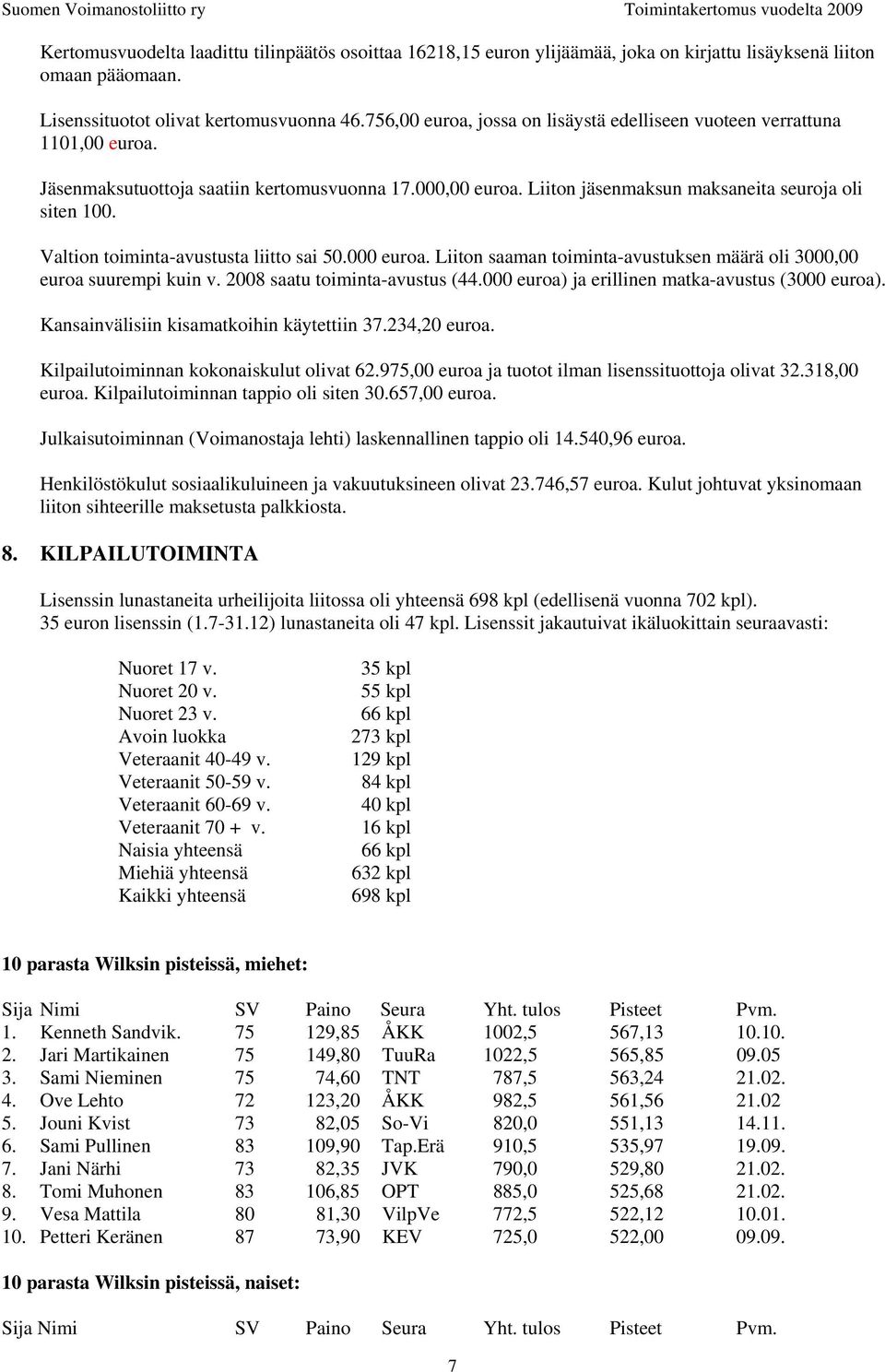 Valtion toiminta-avustusta liitto sai 50.000 euroa. Liiton saaman toiminta-avustuksen määrä oli 3000,00 euroa suurempi kuin v. 2008 saatu toiminta-avustus (44.