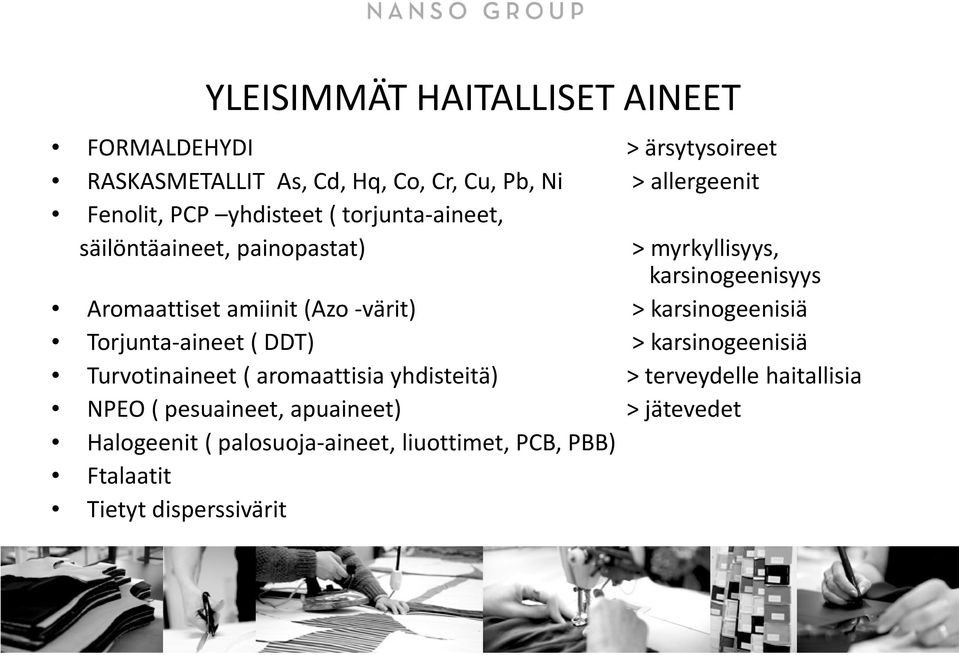 -värit) > karsinogeenisiä Torjunta-aineet ( DDT) > karsinogeenisiä Turvotinaineet ( aromaattisia yhdisteitä) > terveydelle