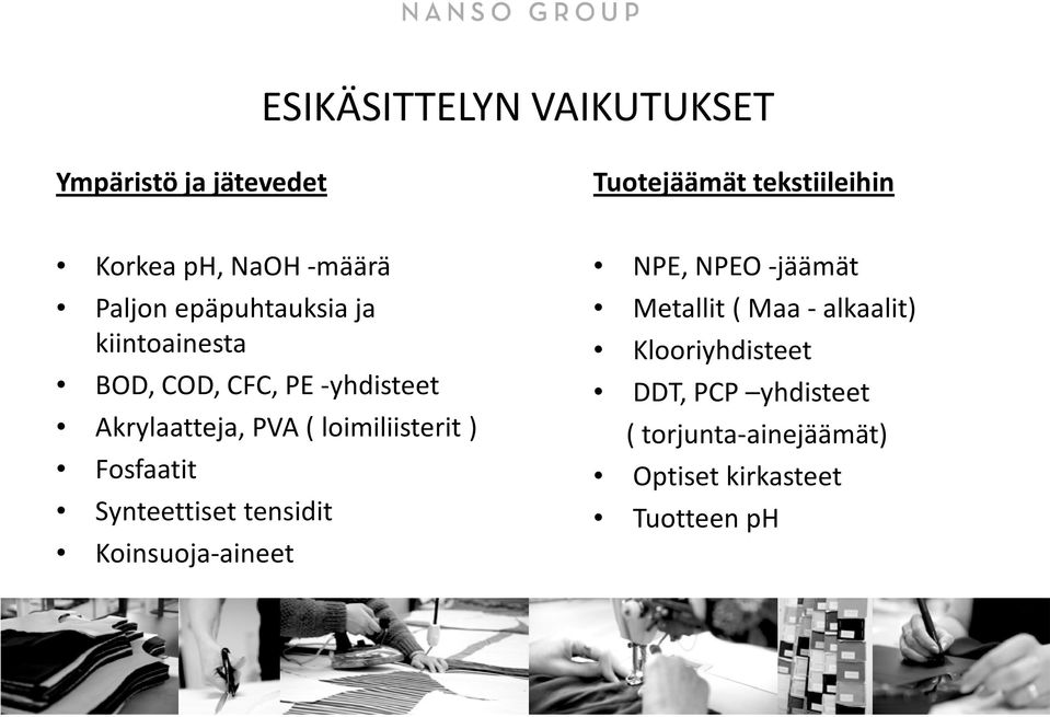 loimiliisterit ) Fosfaatit Synteettiset tensidit Koinsuoja-aineet NPE, NPEO -jäämät Metallit (